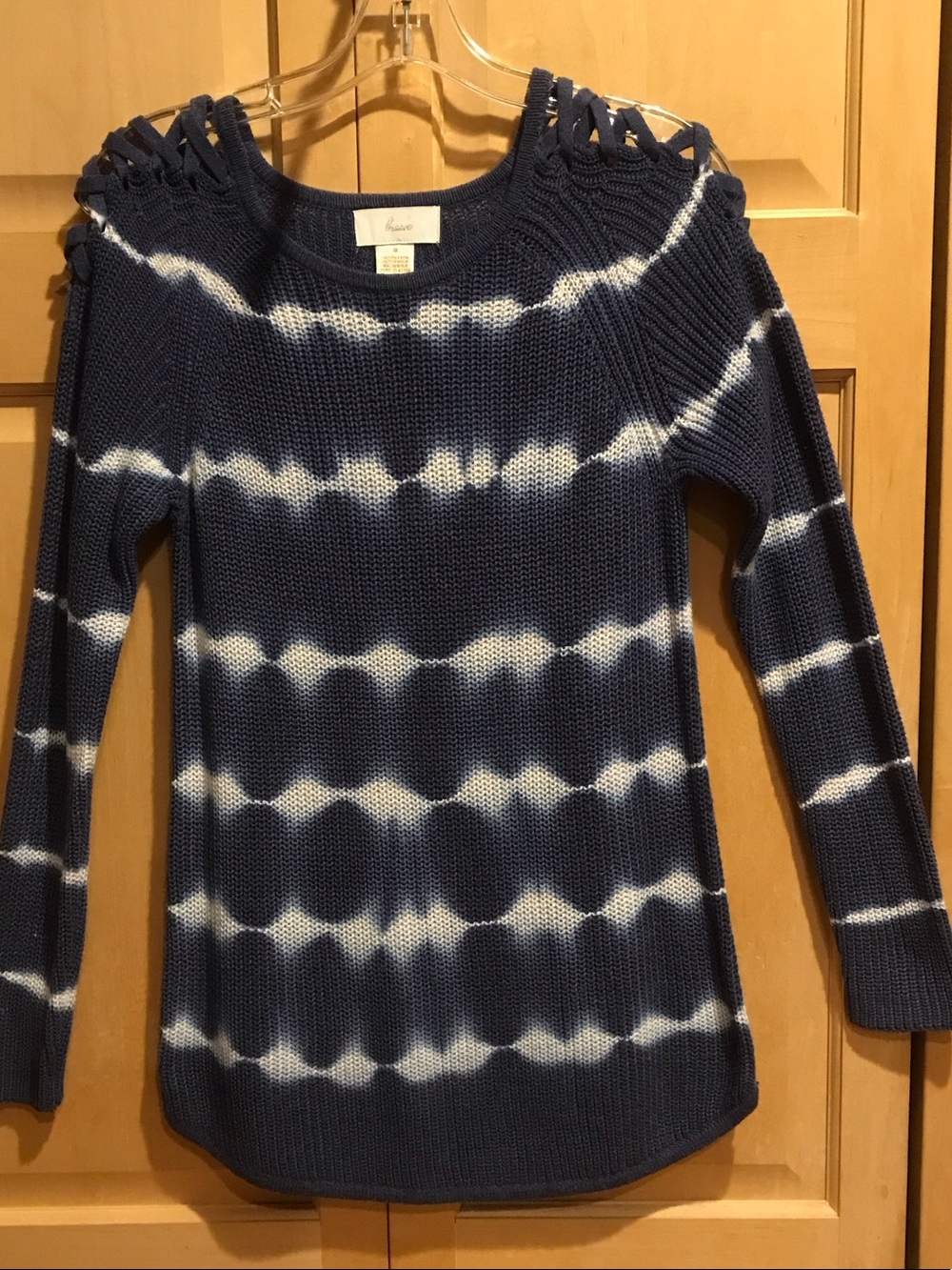 Braeve Tie-Dye Navy Crewneck Sweater with Lattice Shoulder Detail